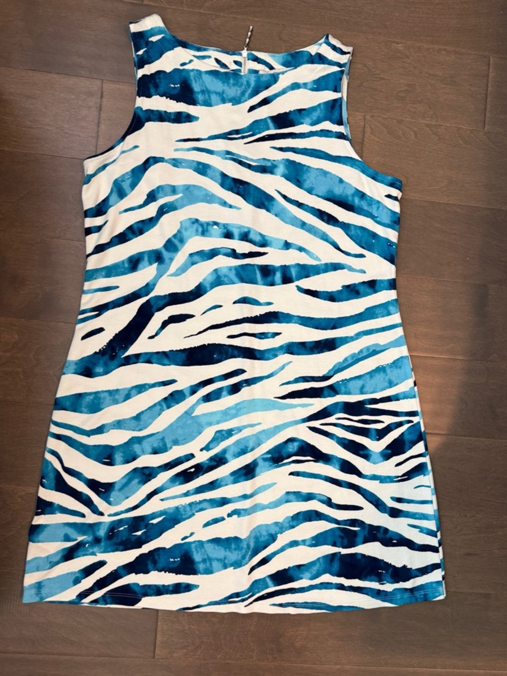 Tommy Bahama Darcy Teal Blue & White Zebra-Style Sleeveless Dress Excellent L/XL